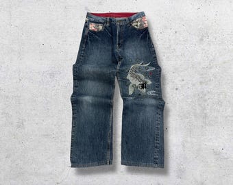 W30 Vintage 90s Japonés Koi Bordado Denim Karakuri Tradicional OG Jeans