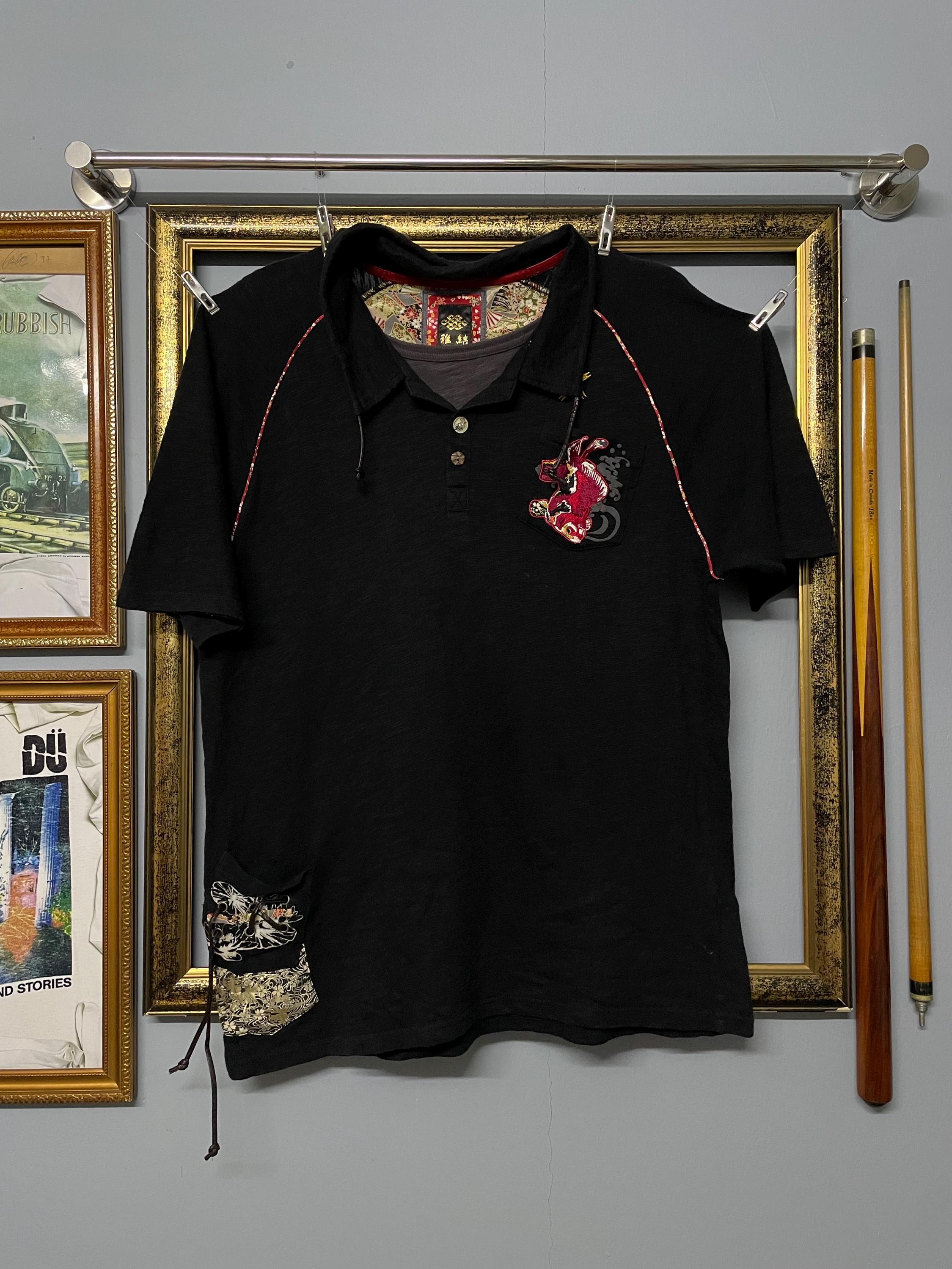 Vintage Japanese Dragon Polo Shirt Black Embroidered Sukajan Style Streetwear 90s Tee Size M