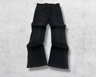 90s Japan Traditional Multi-Stitch Flare Denim W27 | Black Indigo Artisan Panel Jeans
