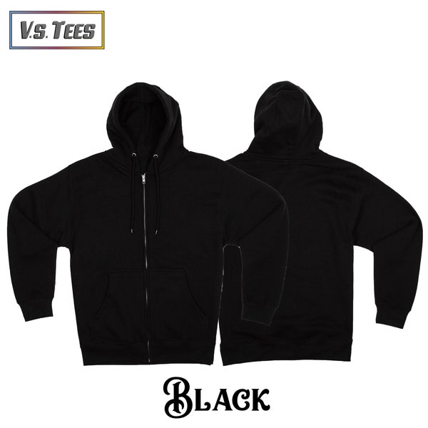 Black Zip-up Zipper Hoodie | Ring-spun Cotton Polyester Hooded Sweatshirt | Blank Zip-Up Hoodie | Men Women Unisex Hoodie Gift | Workout