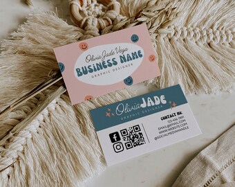 DIY Business Card Template, Retro QR Code Business Card, DIY Trendy Business Card Instant Download, Printable Smiley Face Business Card