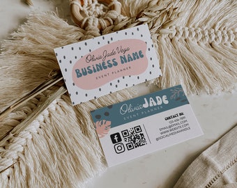 Boho Business Card Template, DIY QR Code Business Card, DIY Trendy Business Card Instant Download, Polka Dot Printable Canva Business Card