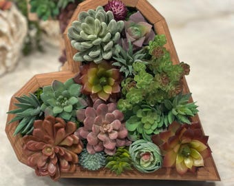 Heart Shaped Wooden Planter with Faux Succulents
