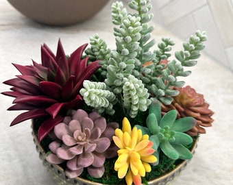 Faux Succulent Arrangement: Green Beaded Ceramic Planter, 8 Inch