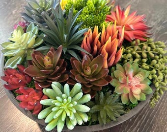 Premium Faux Succulents in a Dark Charcoal Circle Planter, 12 inch