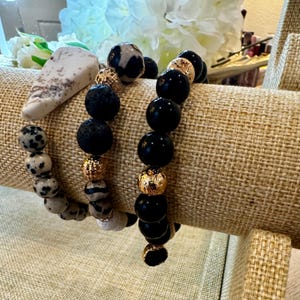 Edelstein Stretch Armbänder, 3er Set Schwarz und Gold