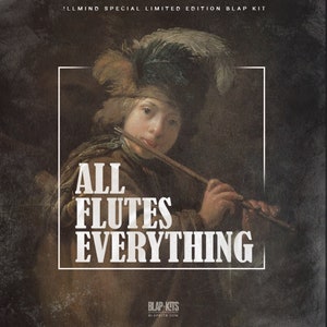 Puede incluir: Un póster de estilo vintage con una pintura de un joven tocando la flauta. El texto en el póster dice "ALL FLUTES EVERYTHING" y "BLAP-KTS".