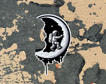Climbing Astronaut // Weatherproof Outdoor Sticker // Laminated Vinyl 3" - Crescent Moon, Sci-fi, Space