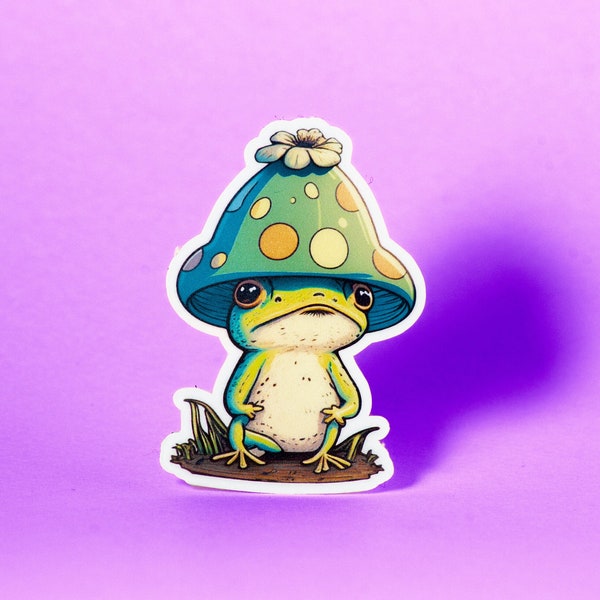 Chillin' Frog // Weatherproof Outdoor Sticker // Laminated Vinyl 3" - Trippy, Cute, Mushroom Hat, Green