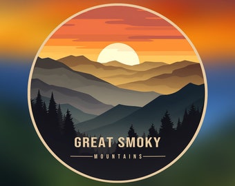May include: A circular graphic design featuring a sunset over a mountain range with the text "GREAT SMOKY MOUNTAINS" in a brown font.