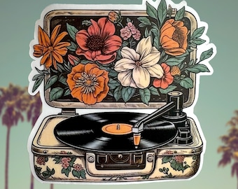 Vintage Record Player // Weatherproof Outdoor Sticker // Laminated Vinyl 3" - Retro, Floral Record