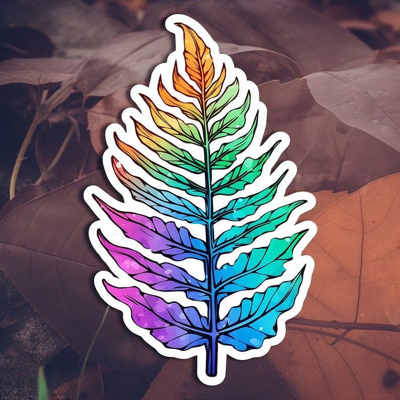 May include: A rainbow-colored fern leaf sticker with a white border. The fern is a stylized illustration with a central stem and multiple leaves.