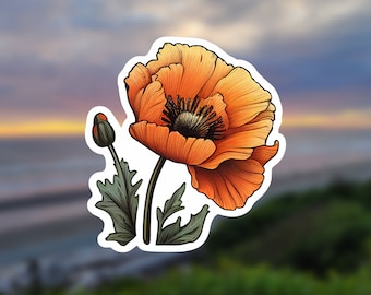 California Poppy Flower // Weatherproof Outdoor Sticker // Laminated Vinyl 3" - Orange, Nature, Floral