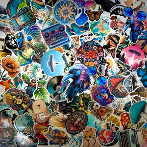 May include: A colorful collage of stickers featuring various designs, including a butterfly, a bird, a mushroom, a cassette player, a flower, and a crow. The stickers are arranged in a random pattern and are all different sizes and shapes.