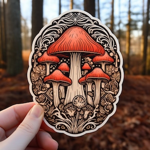 Mushroom Forest // Weatherproof Outdoor Sticker // Laminated Vinyl 3&quot; and 4&quot; - Trippy, Nature, Fall