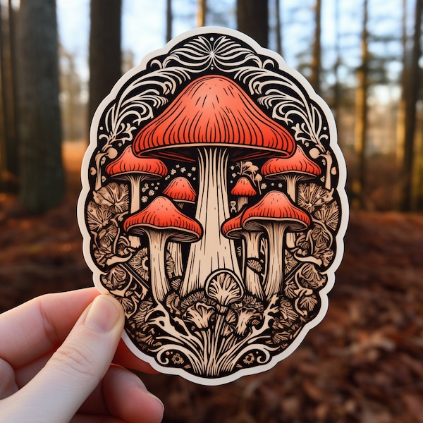 Mushroom Forest // Weatherproof Outdoor Sticker // Laminated Vinyl 3" and 4" - Trippy, Nature, Fantasy