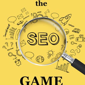 May include: A book cover with the title "WINNING the GAME" in black text on a yellow background. The word "SEO" is magnified by a magnifying glass. The author's name, Marie Griffin, is at the bottom.