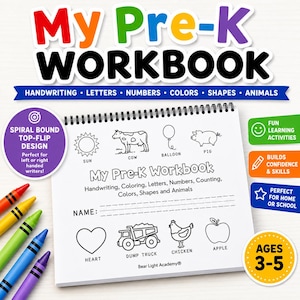 May include: A spiral-bound My Pre-K Workbook with a white cover featuring black line drawings of a sun, cow, balloon, pig, heart, dump truck, chicken, and apple. The title and educational topics are printed in black text. Five crayons are on the left.