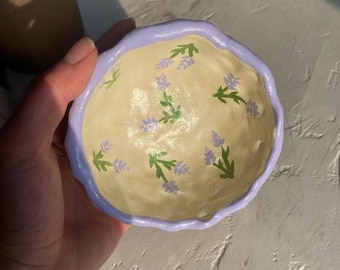 Plato de arcilla de lavanda para joyería, bandeja para baratijas con motivos florales, cuenco de cerámica hecho en casa (hecho a pedido)