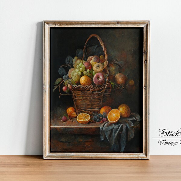 Dark and Moody Fruit Basket Oil Painting Print | Vintage Moody Still Life Artwork | Antique Dark Wall Art | Printable Digital Download