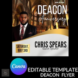 以下が含まれることがあります： 執事記念イベントのフライヤー。スーツ姿の男性、テキスト「DEACON Anniversary」、「CHRIS SPEARS Guest Speaker」、および「Saturday, May 3rd」が特徴です。背景には教会の内装が描かれています。