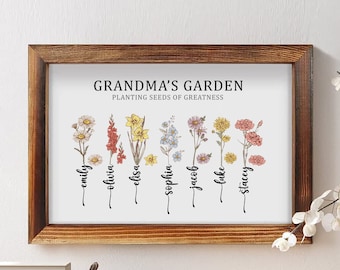 Personalized Grandma's Garden Flower Frame Sign, Custom Birth Month Flower Frame Sign, Mothers Day Gift, Grandma's Garden Wooden Frame Sign