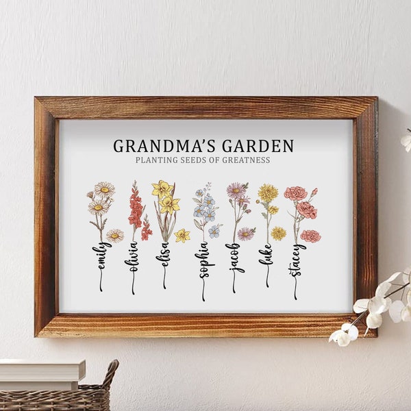 Personalized Grandma's Garden Flower Frame Sign, Custom Birth Month Flower Frame Sign, Mothers Day Gift, Grandma's Garden Wooden Frame Sign