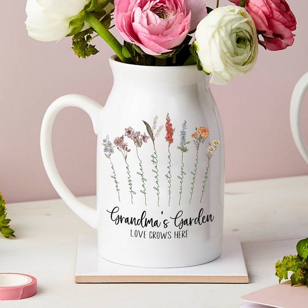 Personalisierte Omas Garten, Muttertagsgeschenk, Büro dekorativ, Blumenvase mit Familiennamen, personalisierte Blumenvase für Geburtsmonat