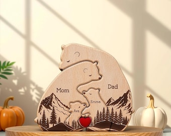 Casse-tête personnalisé en forme de famille avec un ours : décoration d'animal en bois gravé, cadeaux de fête des pères, casse-tête d'animaux en bois personnalisé, cadeau souvenir de famille