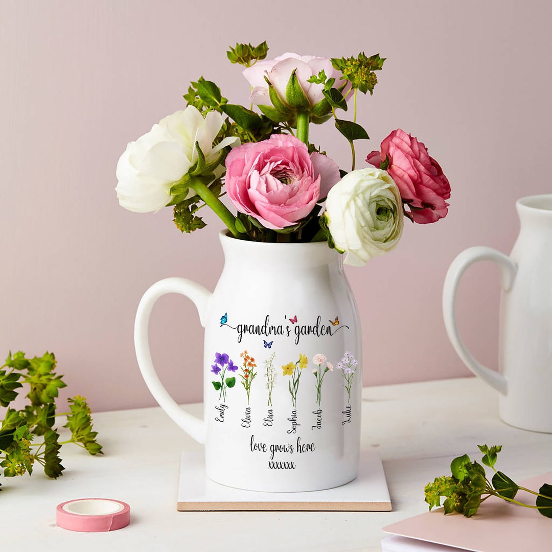 Personalized Grandma's Garden Flower Vase, Birth Month Flower Family