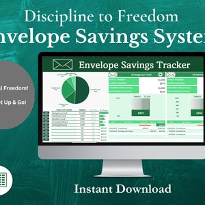 Puede incluir: Una pantalla de ordenador que muestra una hoja de cálculo verde y blanca titulada "Envelope Savings Tracker". La hoja de cálculo incluye un gráfico circular y columnas para realizar un seguimiento de los objetivos de ahorro, los saldos actuales y las contribuciones. El texto "Discipline to Freedom Envelope Savings System" se muestra encima de la pantalla del ordenador. El texto "Financial Freedom! Easy Set Up & Go!" se muestra en un círculo a la izquierda de la pantalla del ordenador. El texto "Instant Download" se muestra debajo de la pantalla del ordenador. La imagen incluye un logotipo de Excel.