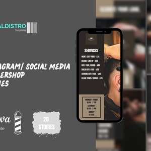 Puede incluir: Una maqueta de pantalla de teléfono que muestra una publicación de redes sociales para una barbería. La publicación incluye una lista de servicios y precios, así como el horario de atención de la barbería. La publicación está diseñada en un esquema de color marrón oscuro y blanco.