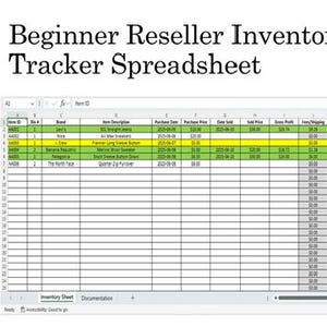 Puede incluir: Una captura de pantalla de una hoja de cálculo titulada "Beginner Reseller Inventory/Profit Tracker Spreadsheet". La hoja de cálculo está organizada con columnas para detalles de artículos, información de compra y cálculos de ganancias. Las filas superiores están resaltadas en amarillo y verde.