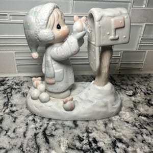 Vintage Precious Moments “White Christmas” Figurine • 1988 Flower Mark • E-2829 • Snowman Scene • Holiday Gift • Enesco Winter Decor