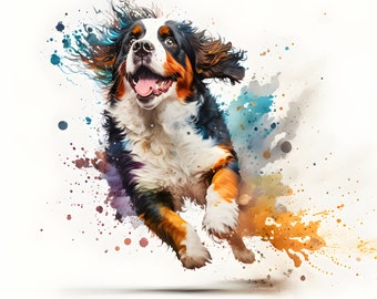 May include: A Bernese Mountain Dog with a white, black, and brown coat jumps through a colorful watercolor background. The dog has its tongue out and is smiling.
