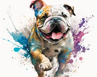 May include: A watercolor painting of a bulldog with a colorful background of blue, purple, and yellow paint splatters. The bulldog is running and has its tongue sticking out.