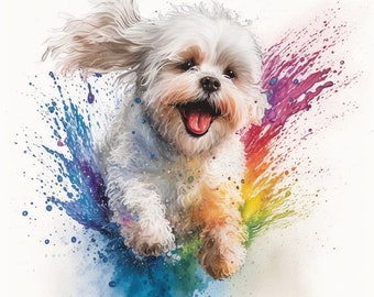 May include: A watercolor illustration of a small, white dog with a happy expression, leaping through a burst of colorful paint. The dog's fur is detailed, and the paint splatters create a vibrant, rainbow effect against a white background.