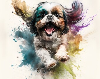 May include: A watercolor painting of a small, white and brown dog with a colorful splash of paint behind it. The dog is running and has its mouth open in a happy expression.