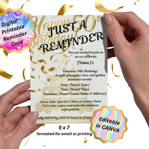 Promemoria per la festa del 50° compleanno, elegante biglietto d'auguri dorato, stampabile, promemoria per gli ospiti della festa dorata, download immediato della festa di compleanno