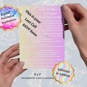 Herinneringskaart verjaardagsfeestje roze meisje middeleeuwse drakenfeest herinnering gast mobiel of briefkaartbestand digitale download
