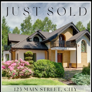 May include: A just sold sign in front of a two-story house with a brown roof, a yellow brick exterior, and a large front yard with green grass and pink flowers. The sign reads "JUST SOLD" in large white letters. Below the sign is the address "123 MAIN STREET, CITY", the asking price "ASKING $799,000", and the realtor's name and phone number.
