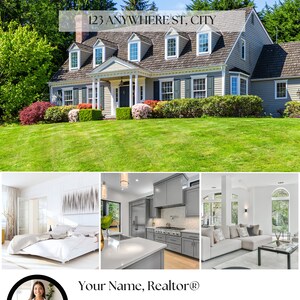 May include: A gray house with a white front door and white trim. The house has a large yard with green grass and bushes. The house is under contract and the address is 123 Anywhere St, City.