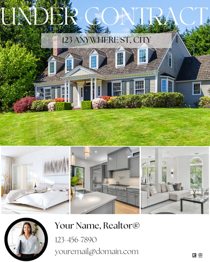 May include: A gray house with a white front door and white trim. The house has a large yard with green grass and bushes. The house is under contract and the address is 123 Anywhere St, City.