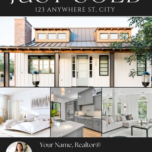 May include: A white house with a brown roof and a gray door. The house has a brick chimney and a porch with a railing. The house is surrounded by trees and bushes. The text "JUST SOLD" is displayed above the address "123 ANYWHERE ST, CITY". The text "Your Name, Realtor&reg;" is displayed below the house image along with a phone number and email address.