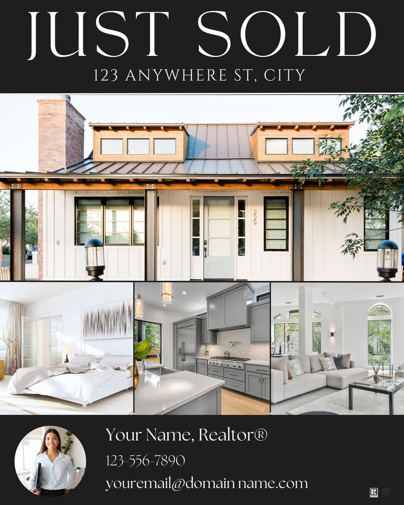 May include: A white house with a brown roof and a gray door. The house has a brick chimney and a porch with a railing. The house is surrounded by trees and bushes. The text "JUST SOLD" is displayed above the address "123 ANYWHERE ST, CITY". The text "Your Name, Realtor&reg;" is displayed below the house image along with a phone number and email address.