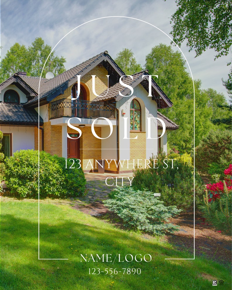 May include: A white arch with the text "JUST SOLD" over a yellow brick house with a green lawn and trees. The address "123 ANYWHERE ST, CITY" is below the arch. The text "NAME/LOGO" and the phone number "123-556-7890" are at the bottom of the image.