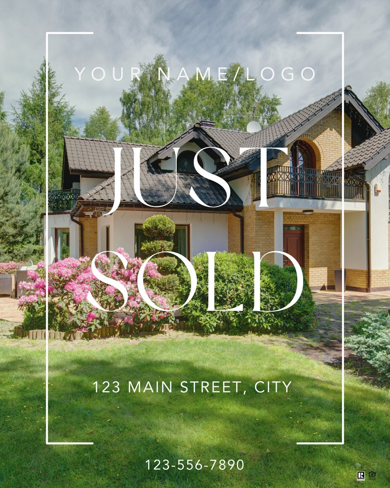 May include: A white and yellow house with a black roof and a black metal balcony. The house has a sign that says "JUST SOLD" in front of it. The sign also includes the address "123 MAIN STREET, CITY" and the phone number "123-556-7890".