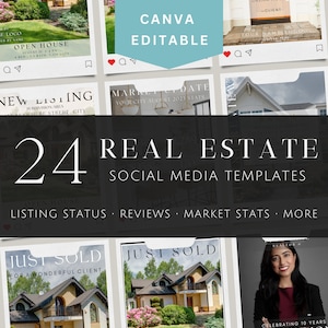 May include: A collection of 24 social media templates for real estate agents. The templates feature images of houses, listings, and market stats. The text on the templates includes phrases like "Just Sold", "New Listing", and "Open House".