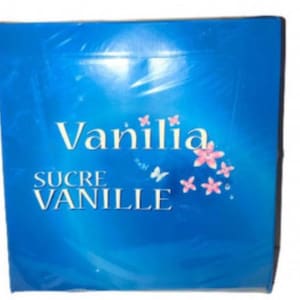May include: A blue box with the words "Vanilia Sucre Vanille" and pink flowers on it.