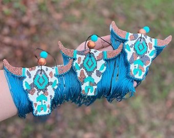 Turquoise Cow Print Bull Skull Car Freshie